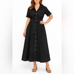 STAUD Millie Belted Short Sleeve Maxi Dress Contrast Stitching in Black Size 12